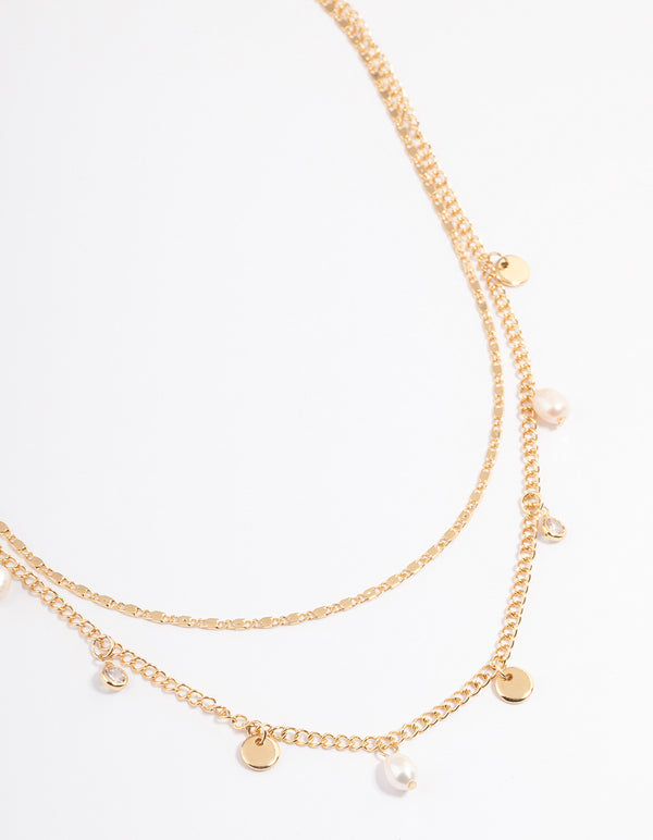 Gold Pearl & Disc Layered Necklace