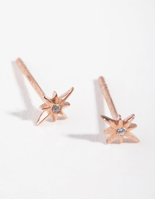 Rose Gold Plated Sterling Silver Diamante Starburst Stud Earrings