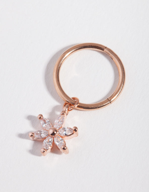 Rose Gold Surgical Steel Cubic Zirconia Flower Charm Belly Ring