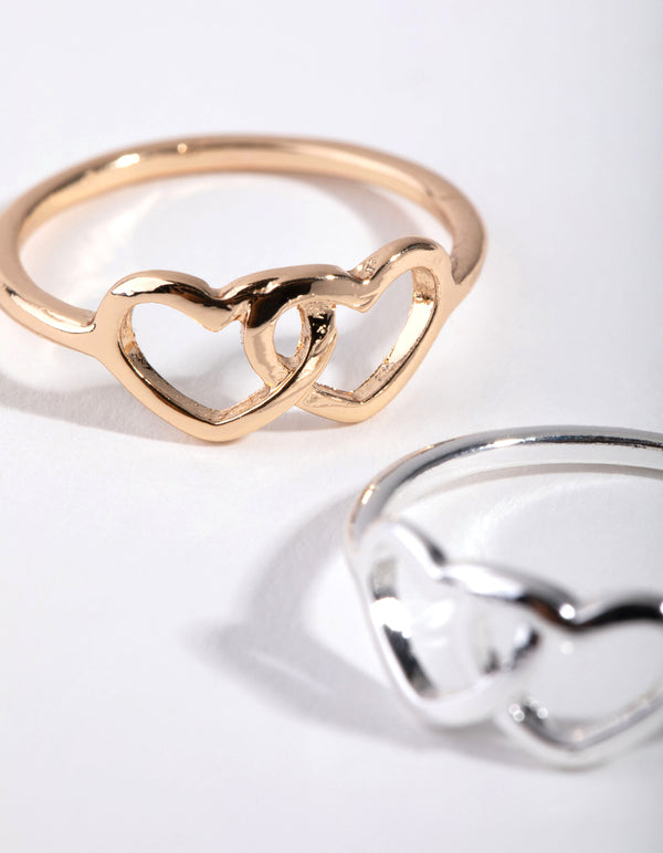 Mixed Metal Double Cut Out Heart Ring Pack