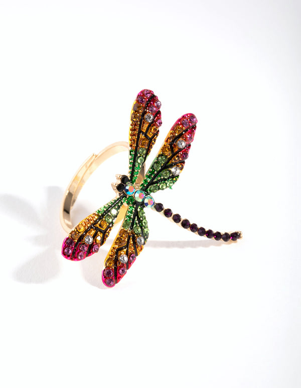 Gold Rainbow Dragonfly Ring