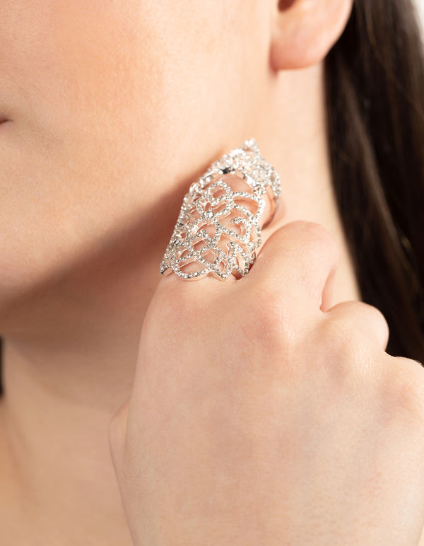 Silver Crystal Hinge Statement Ring