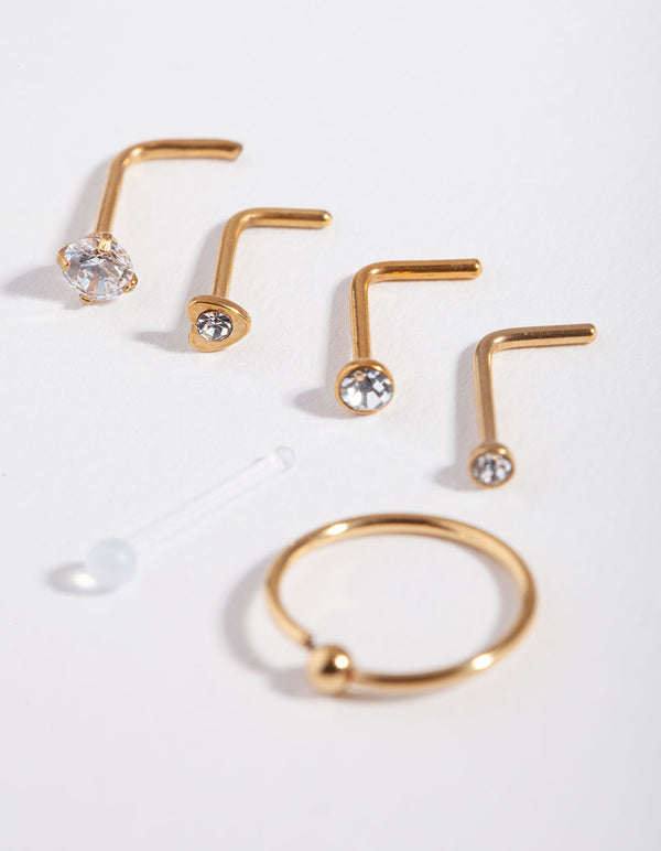 Gold Surgical Steel Mixed Diamante Nose Stud 6-Pack