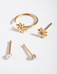 Surgical Steel Gold Flower Pearl Nose Stud 4-Pack - link has visual effect only