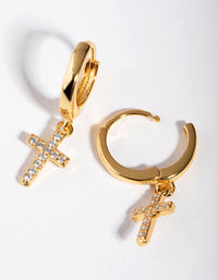 Gold Plated Sterling Silver Cubic Zirconia Cross Huggie Earrings - link has visual effect only