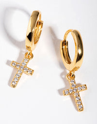 Gold Plated Sterling Silver Cubic Zirconia Cross Huggie Earrings - link has visual effect only