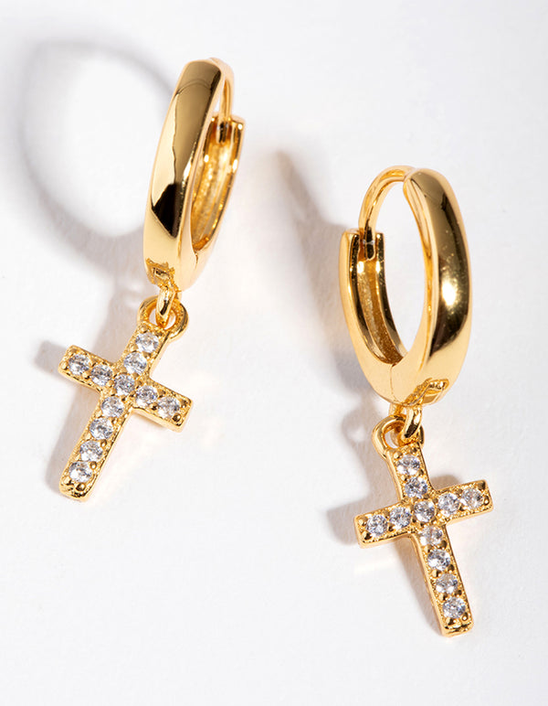 Gold Plated Sterling Silver Cubic Zirconia Cross Huggie Earrings