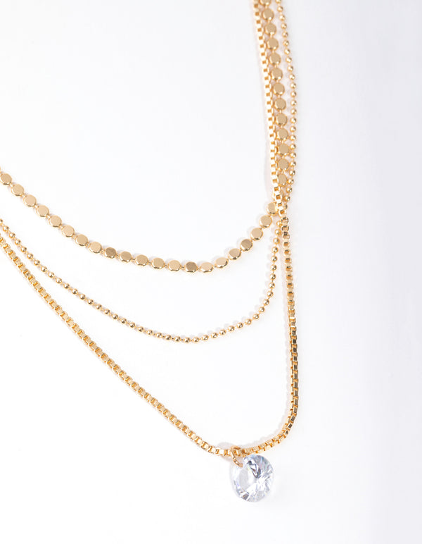 Gold Cubic Zirconia Chain Droplet 3-Row Necklace