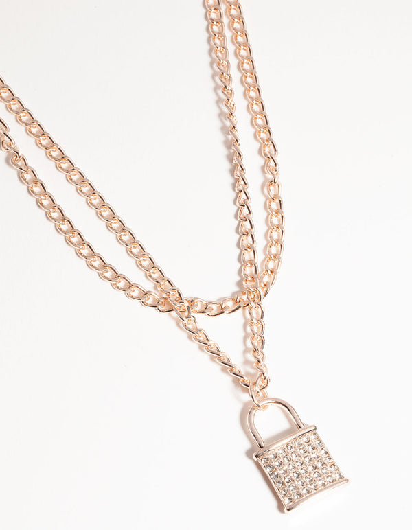 Rose Gold Multi-Row Diamante Padlock Necklace