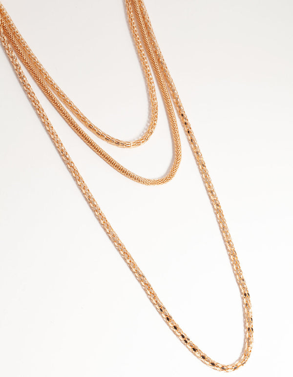 Gold Long Mesh Chain 3-Row Necklace