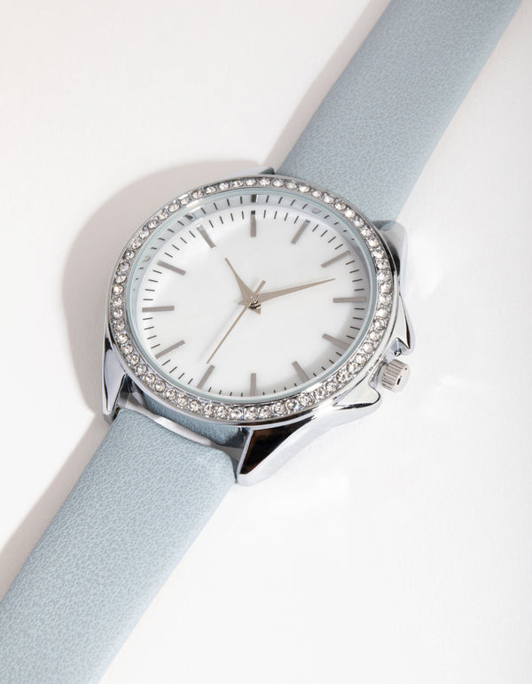 Rhodium Diamante Bezel Mother of Pearl PU Strap Watch