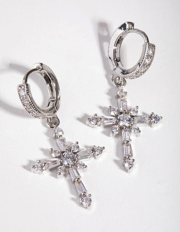 Silver Crystal Stone Cross Hoop Earrings