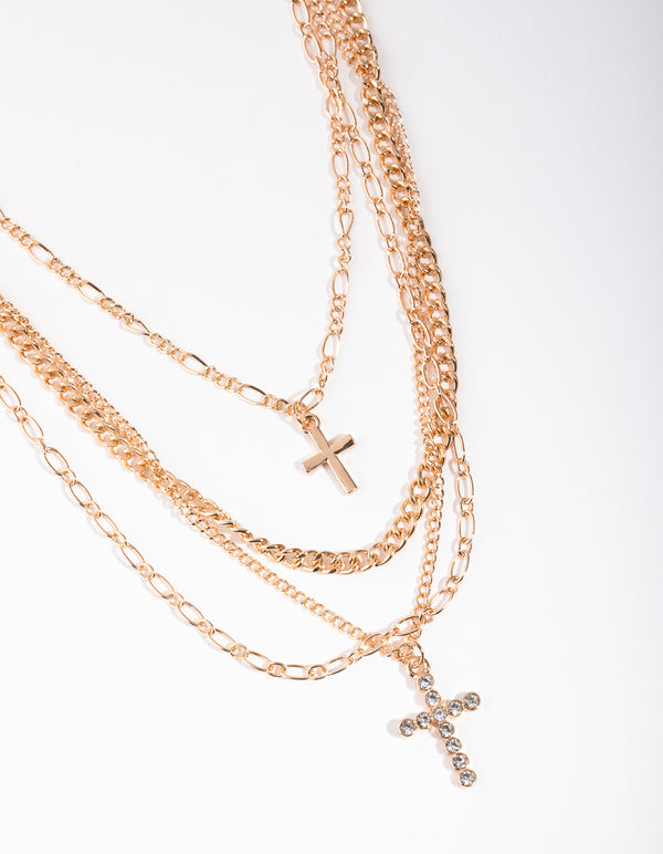Gold Mixed Metal Chain Cross 4-Row Necklace