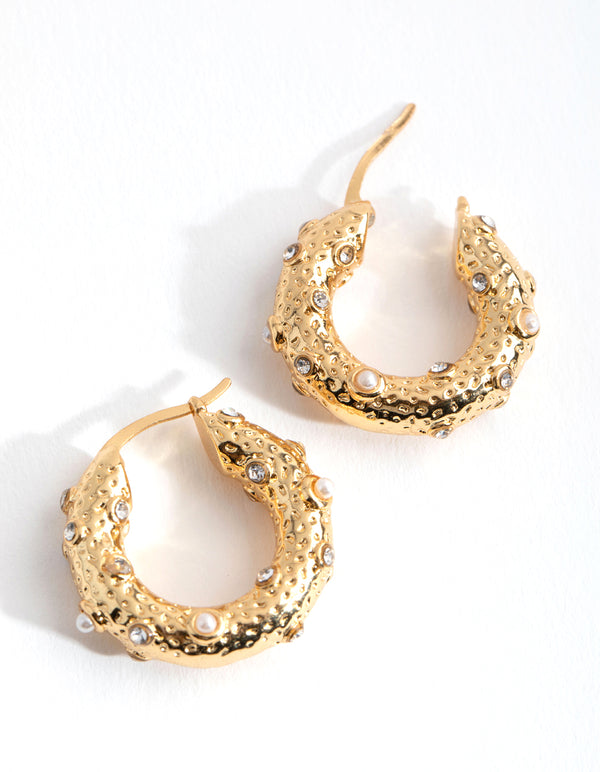 Gold Plated Textured Ball Freshwater Pearl Hoop Earrings