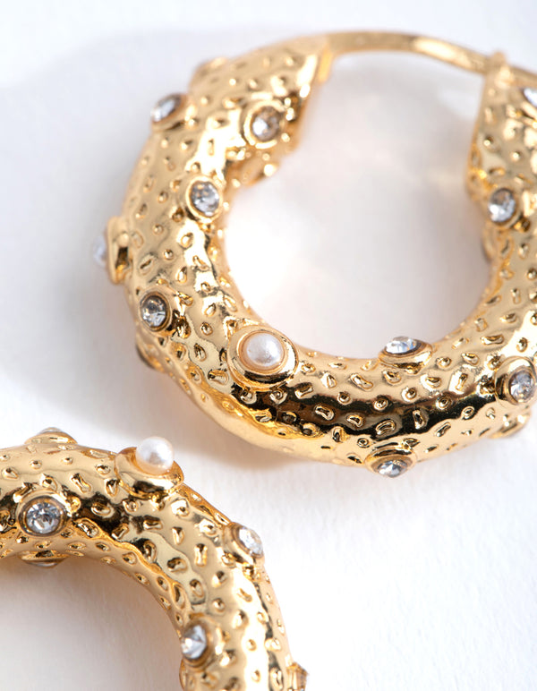 Gold Plated Textured Ball Freshwater Pearl Hoop Earrings