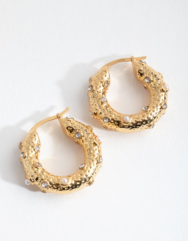 Gold Plated Textured Ball Freshwater Pearl Hoop Earrings
