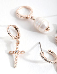 Rose Gold Plated Freshwater Pearl & Cross Curated Earring Pack - link has visual effect only