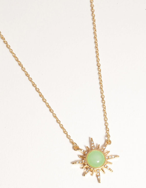 Gold Plated Diamante Semi Precious Jade Sun Necklace