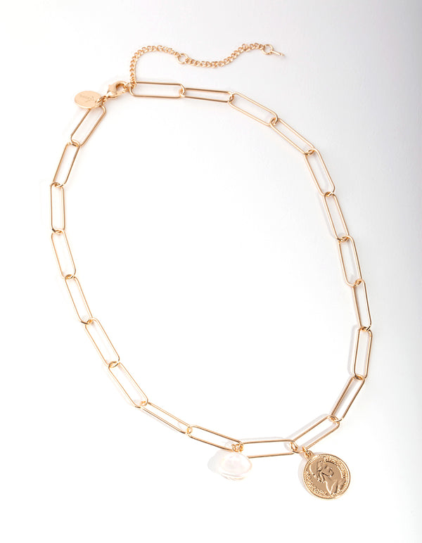 Gold Plated Rectangle Freshwater Pearl Necklace