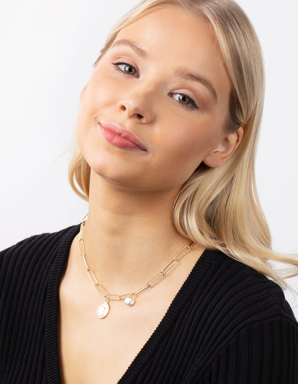 Gold Plated Rectangle Freshwater Pearl Necklace