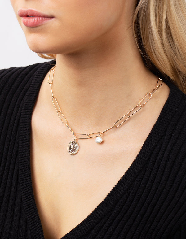 Gold Plated Rectangle Freshwater Pearl Necklace