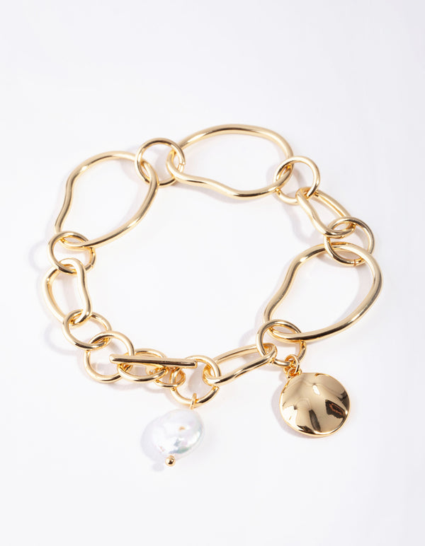 Gold Plated Freshwater Pearl Long Fob Bracelet