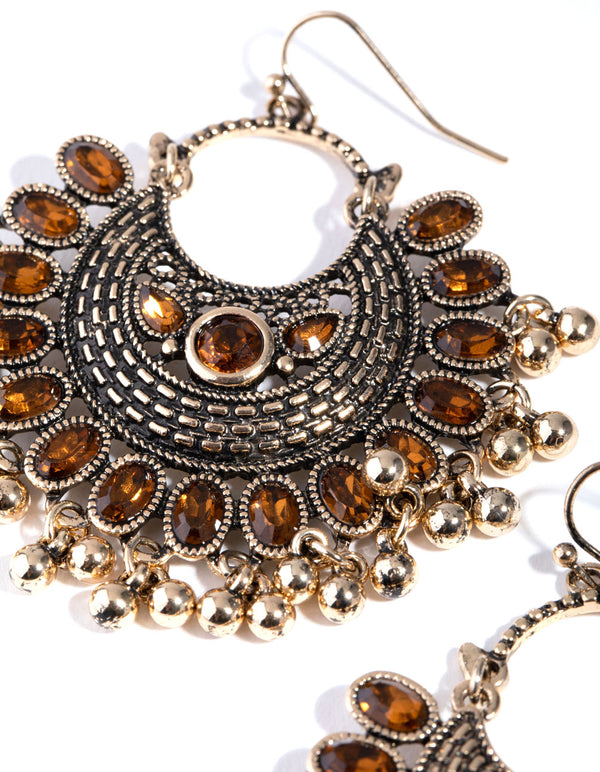 Burnished Gold Statement Diamante Fan Drop Earrings