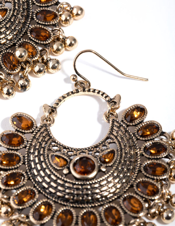 Burnished Gold Statement Diamante Fan Drop Earrings