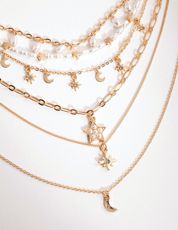 Gold Pearl Drop Celestial 5-Row Necklace