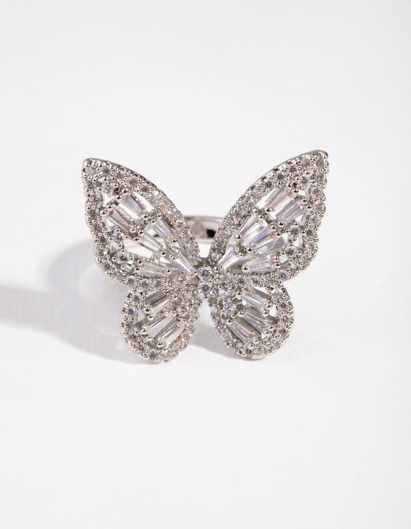 Large Rhodium Diamond Simulant Butterfly Ring