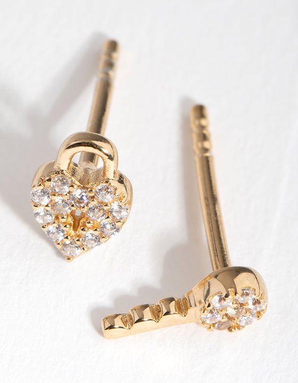Gold Plated Sterling Silver Lock & Key Stud Earrings