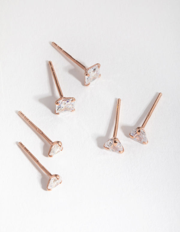 Sterling Silver Rose Gold Statement Cubic Zirconia Stud Pack Earring