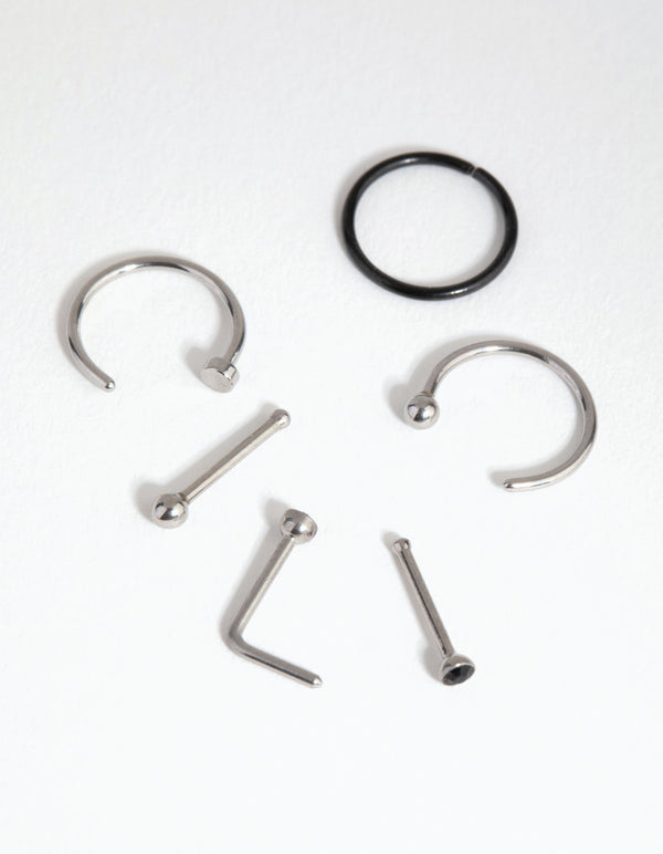 Mixed Metal Surgical Steel Classic Nose Ring & Stud 6-Pack