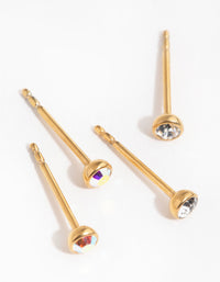 24 Carat Gold Plated Surgical Steel Diamante Bezel Pack Stud Earrings - link has visual effect only