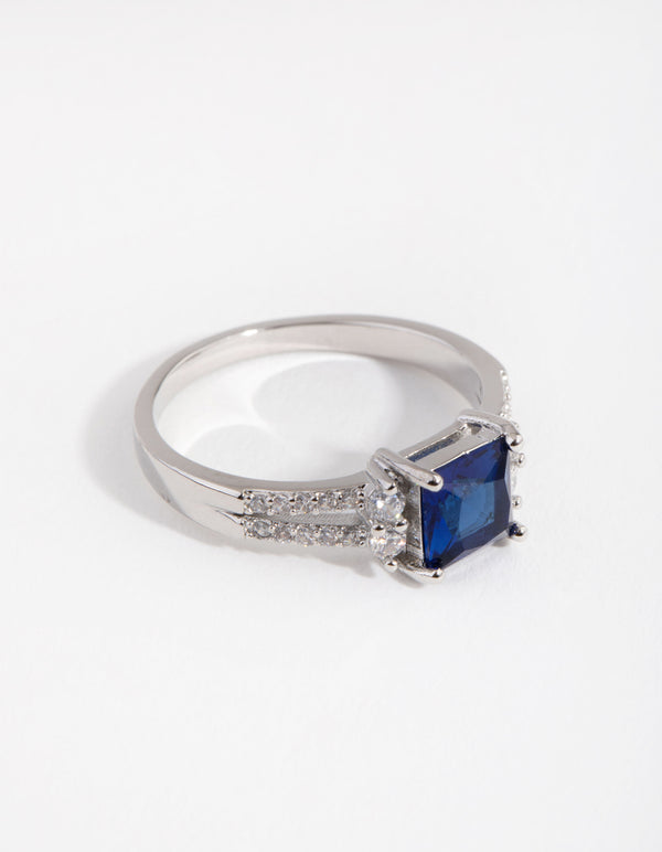 Rhodium Cubic Zirconia Square Station Double Band Ring