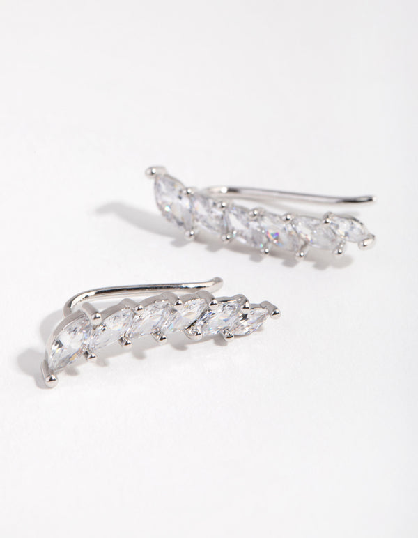 Rhodium Diamond Simulant Cubic Zirconia Marquaise Crawler Earrings