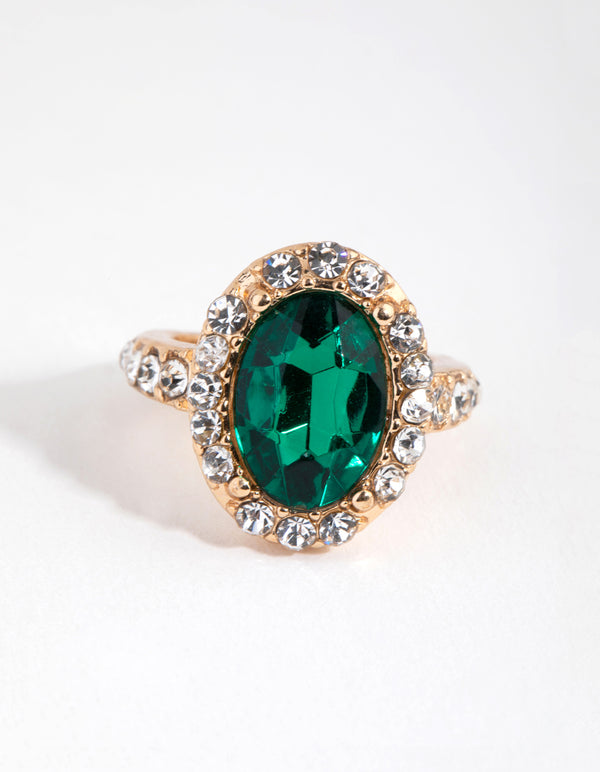 Gold Diamante Surrounded Green Stone Ring - Lovisa