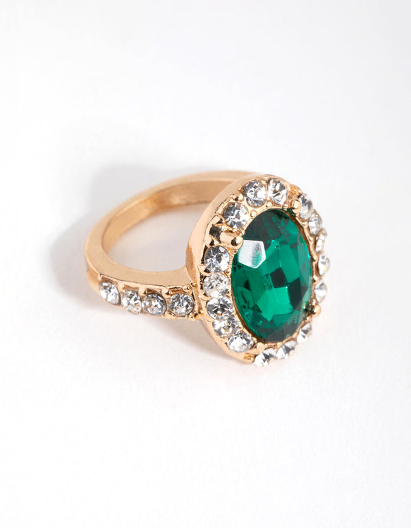 Gold Diamante Surrounded Green Stone Ring