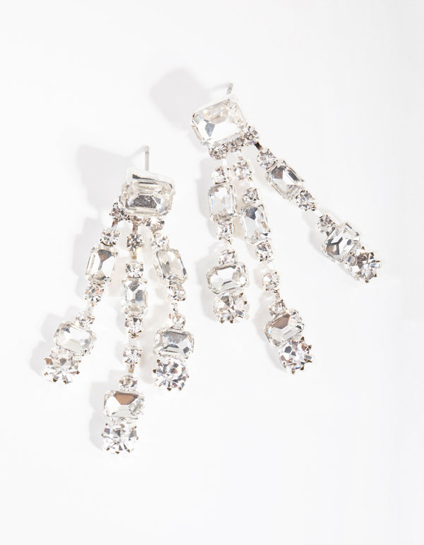 Silver Rectangle Stone Tassel Earrings