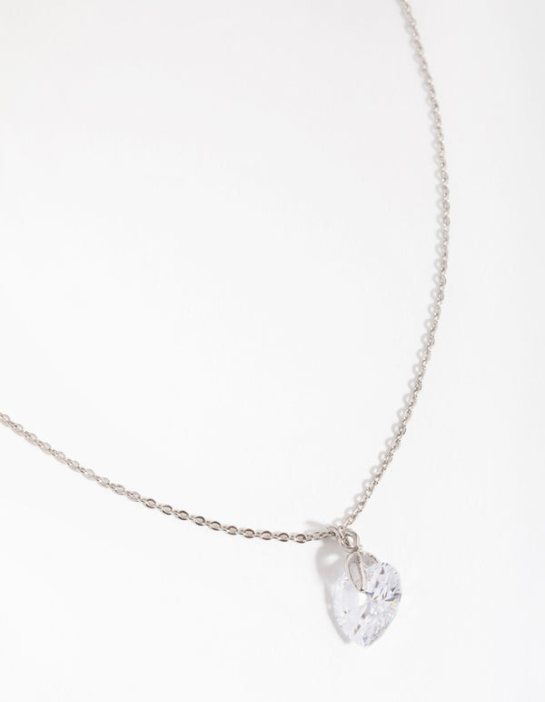 Rhodium Diamond Simulant Heart Necklace