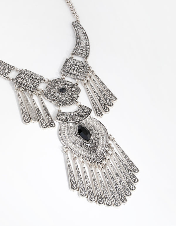 Antique Silver Metal Tassel & Diamante Necklace