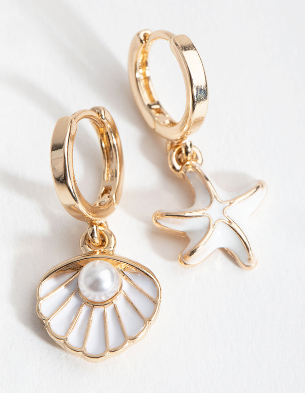 Gold Matte Shell & Pearl Huggie Earrings