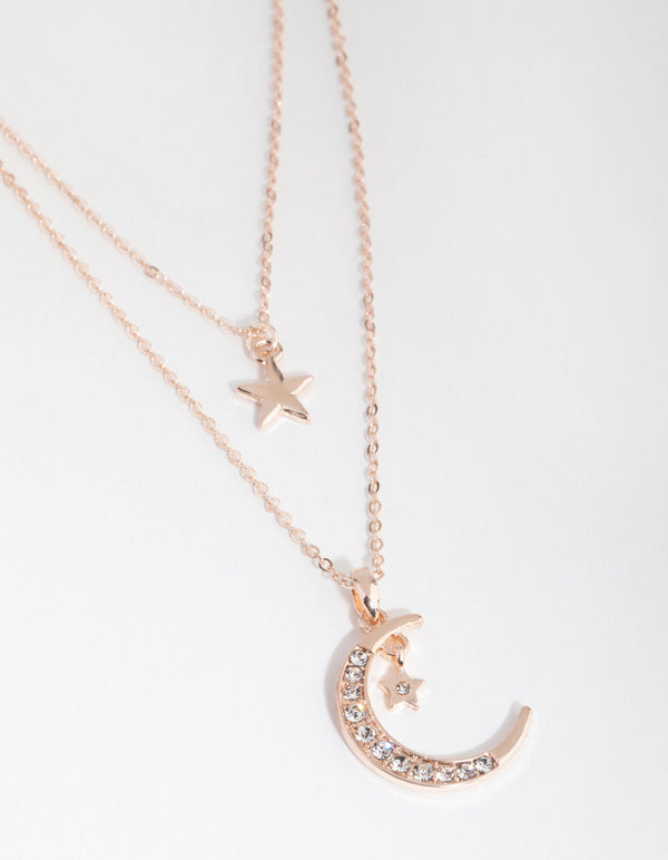 Rose Gold Diamante Moon & Star Necklace