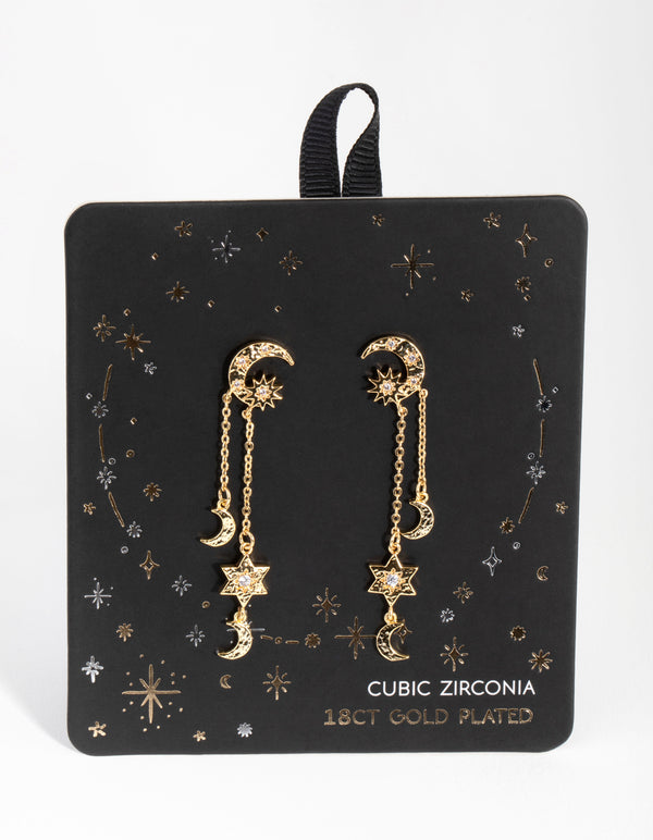18ct Gold Plated Star & Moon Drop Earrings