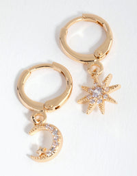 Gold Diamante Mismatched Celestial Huggie Earrings - link has visual effect only