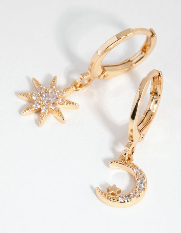 Gold Diamante Mismatched Celestial Huggie Earrings