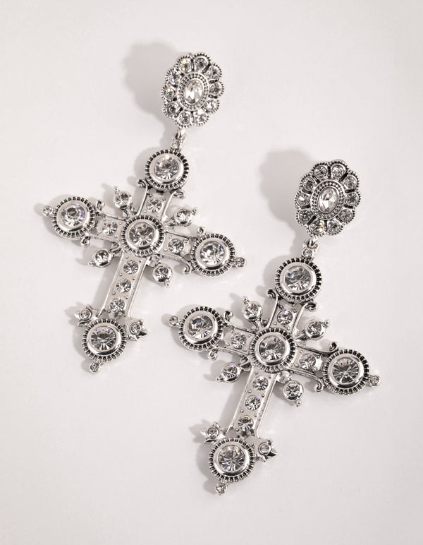 Antique Silver Statement Cross Earrings