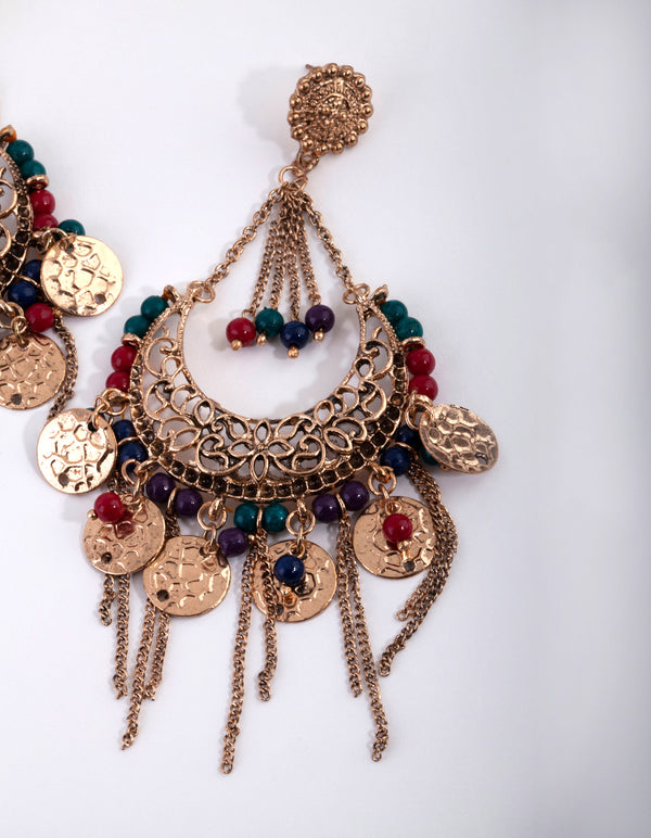 Worn Gold Filigree Bead & Disc Tassel Drop Earrings