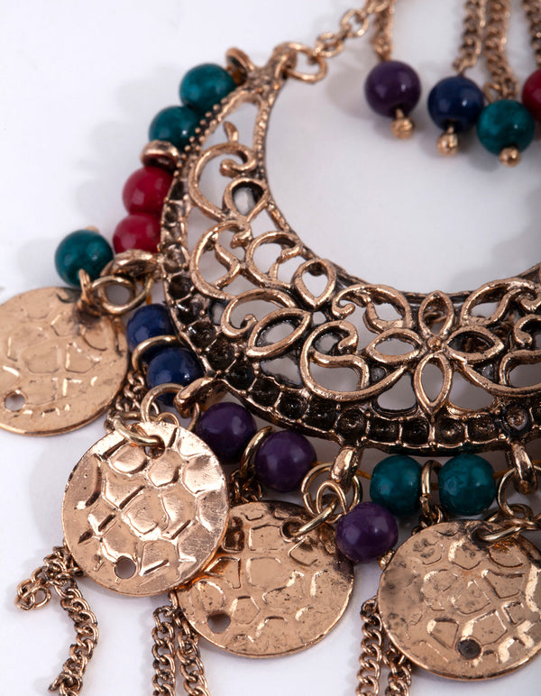 Worn Gold Filigree Bead & Disc Tassel Drop Earrings