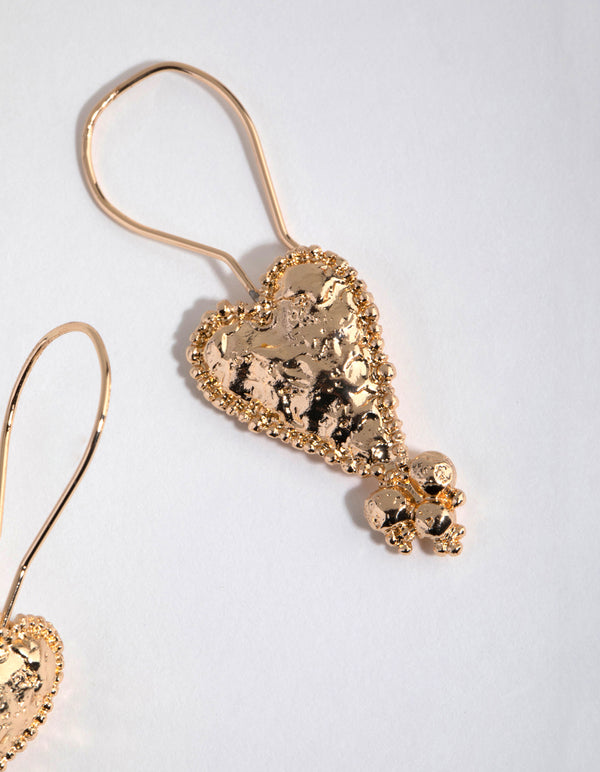 Worn Gold Hammered Heart Drop Earrings